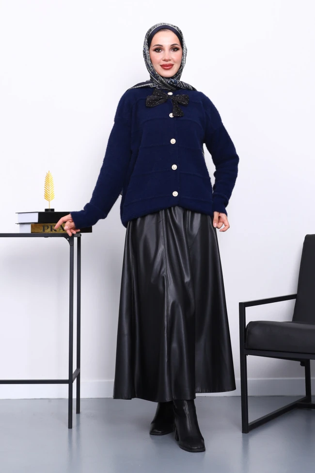 Lacivert Fiyonk Detaylı Angora Yumoş Triko Hırka