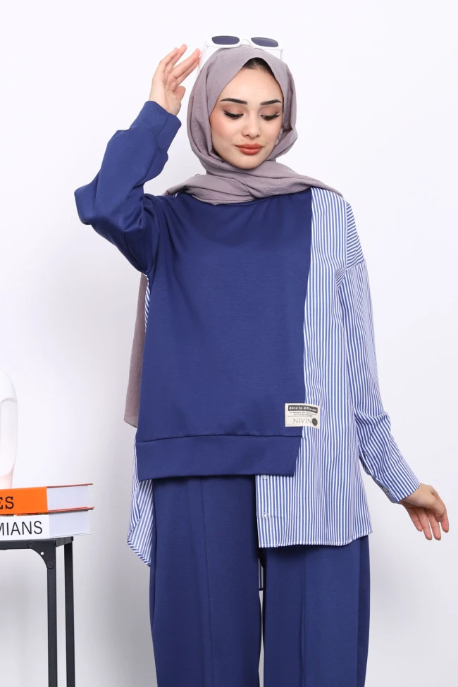 Lacivert Garnili Tunik Pantolonlu Çizgili Takım