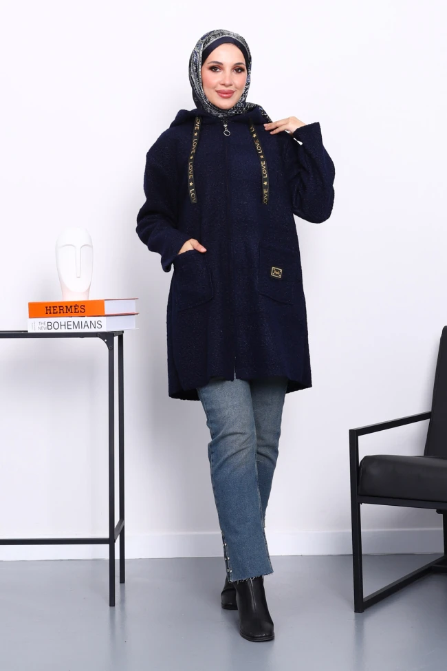 Lacivert Kapşonlu Cepli Buklet Kaban