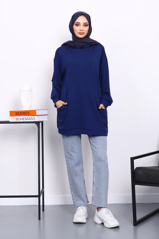 Lacivert Kapşonlu Çift Cepli Tunik