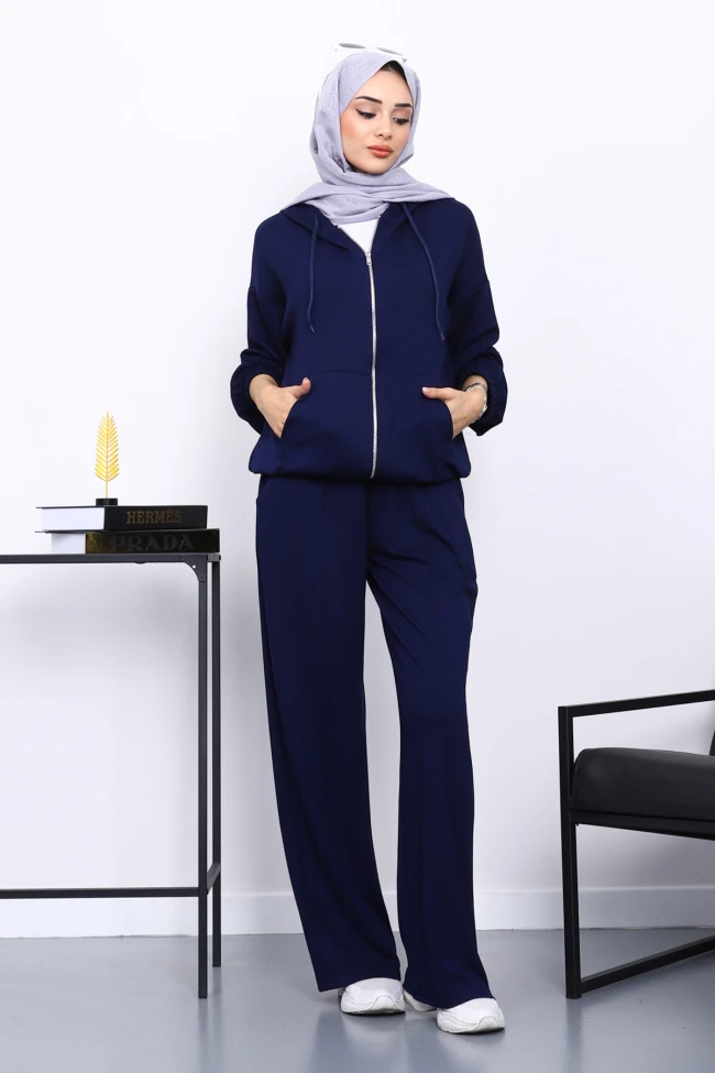 Lacivert Kapşonlu Fermuarlı Kanguru Cepli Modal Takım