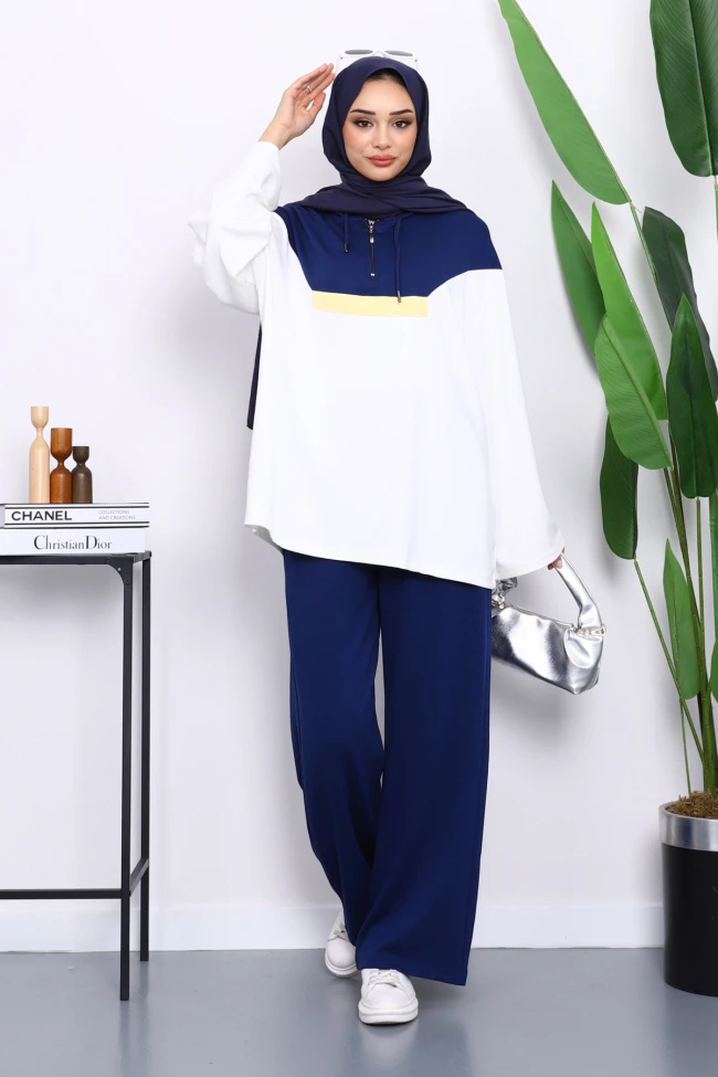 Lacivert Kapüşonlu Tunik Pantolonlu Modal Takım