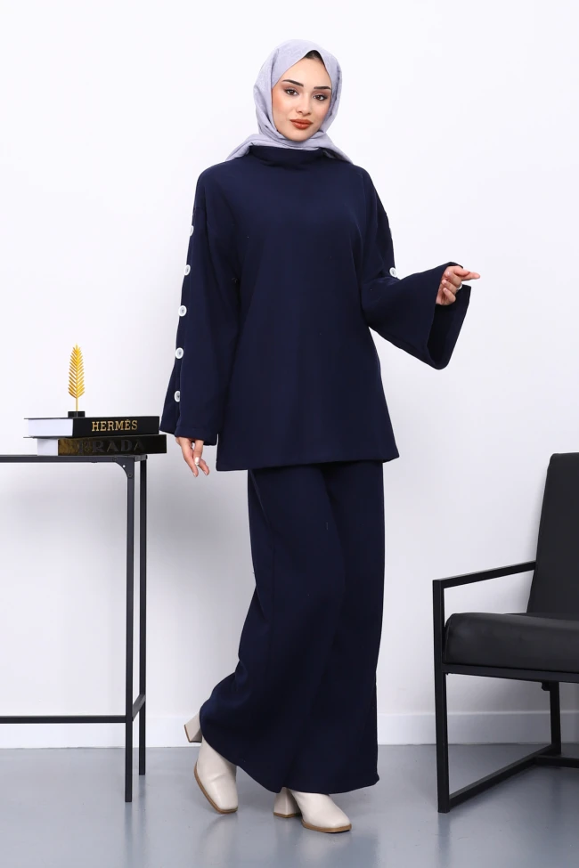 Lacivert Kol Düğme Detaylı Tunik Pantolonlu Takım