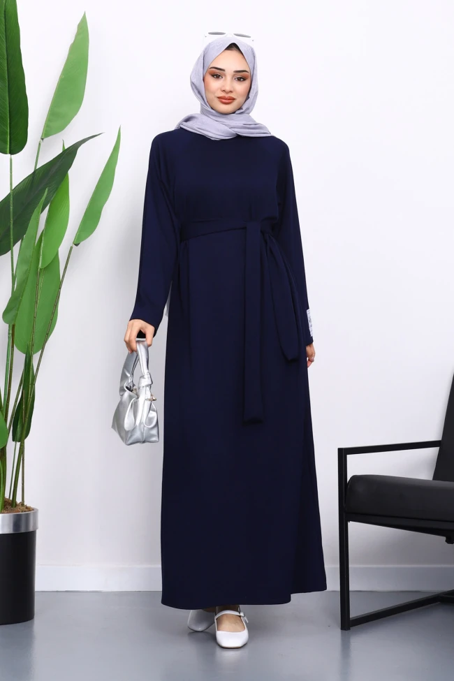 Lacivert Kolu Armalı Reglan Kol Basic Modal Kuşaklı Elbise