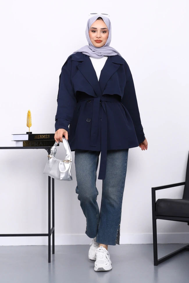 Lacivert Kravuze Yaka Düğmeli Kısa Trençkot