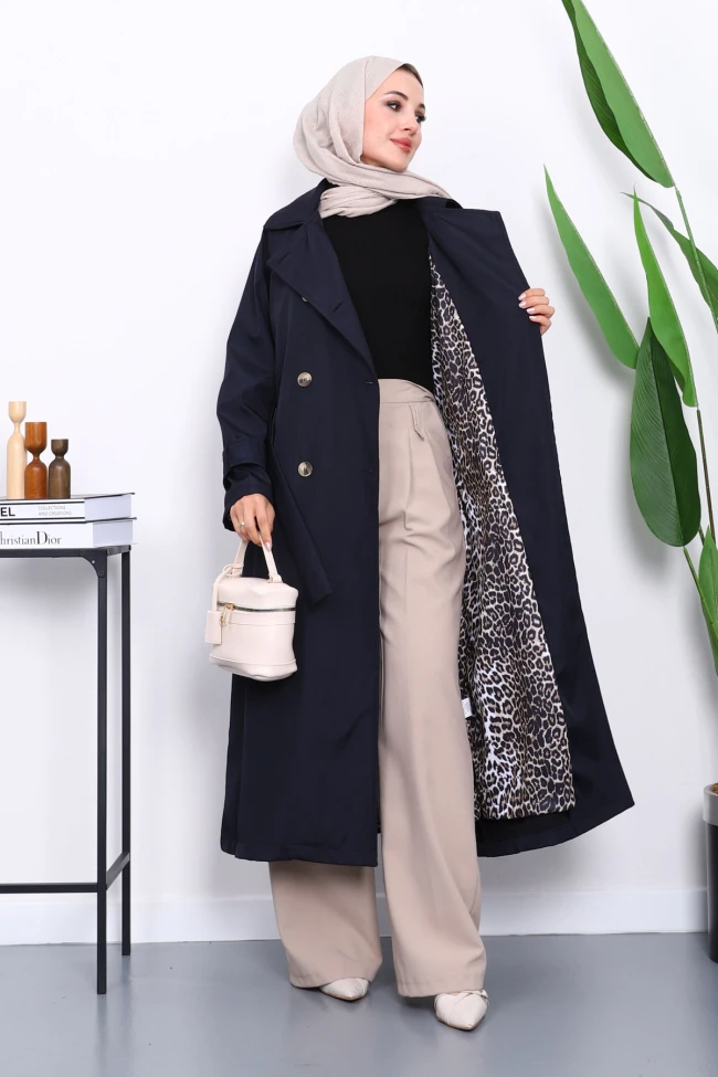 Lacivert Kravuze Yaka Kuşaklı Astarlı Trençkot