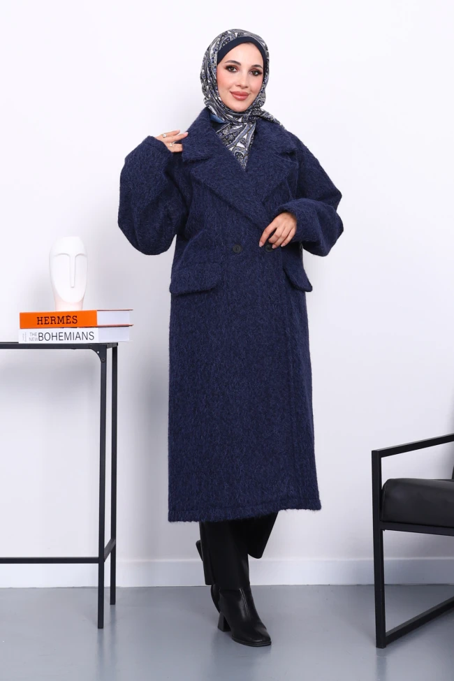 Lacivert Kruvaze Yaka Astarlı Kaşe Kaban