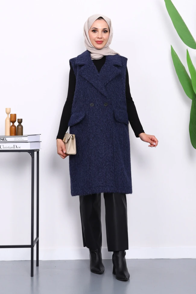 Lacivert Kruvaze Yaka Astarlı Kaşe Yelek