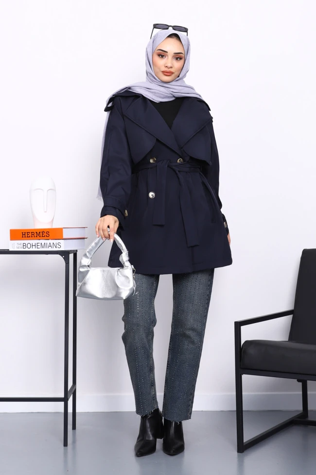 Lacivert Kruvaze Yaka Astarlı Trençkot