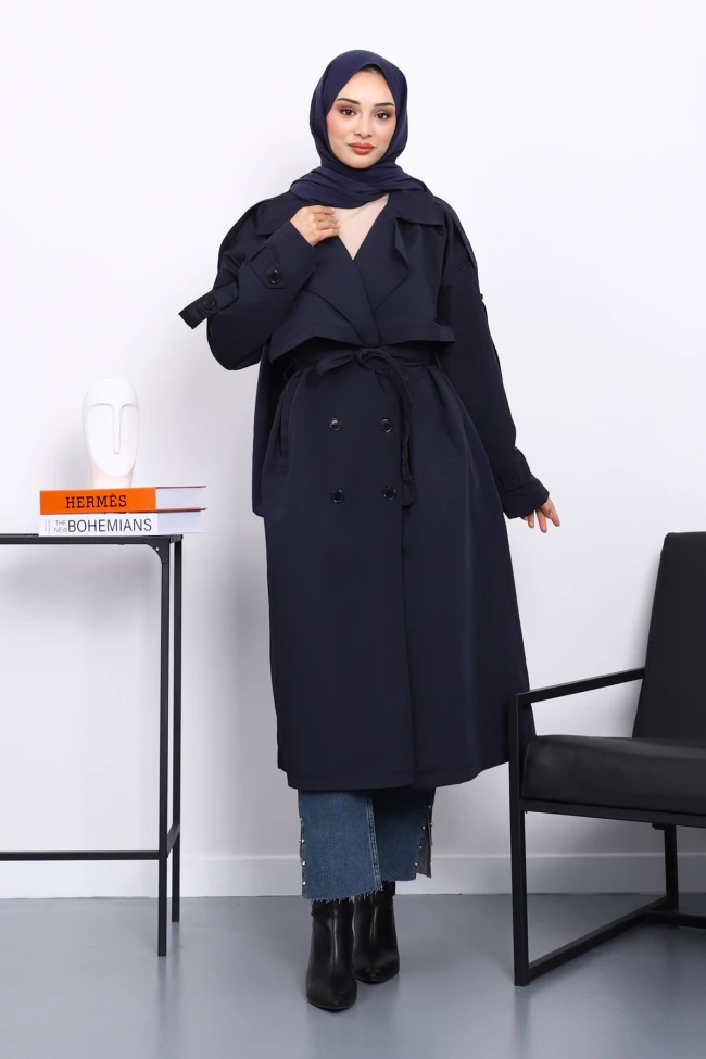 Lacivert Kruvaze Yaka Astarlı Trençkot