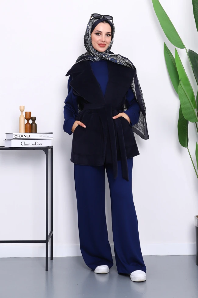 Lacivert Kruvaze Yaka Kuşaklı Kaşe Yelek