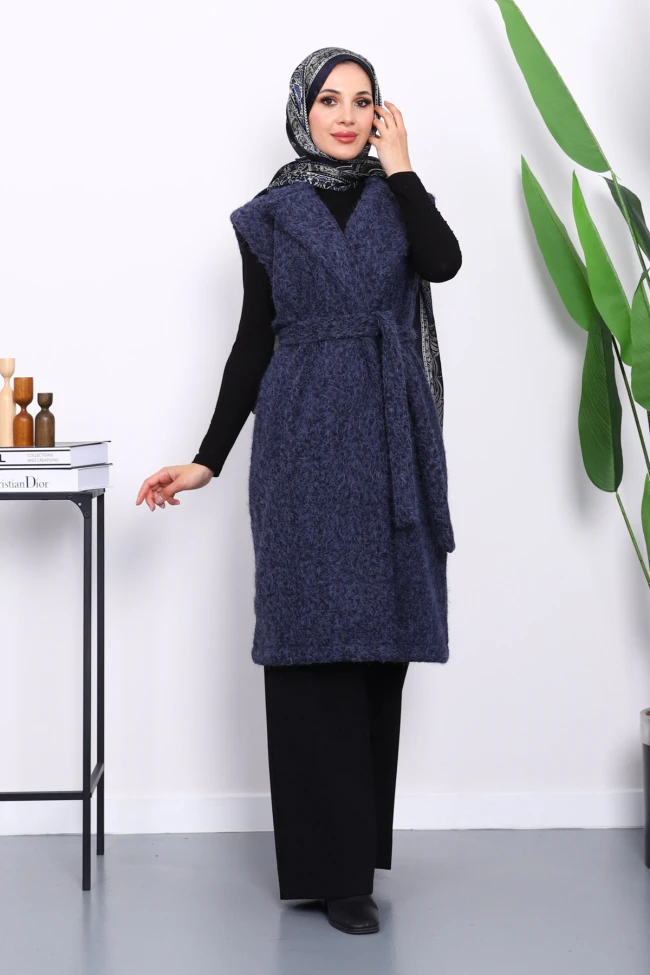 Lacivert Kruvaze Yaka Kuşaklı Keçe Yelek