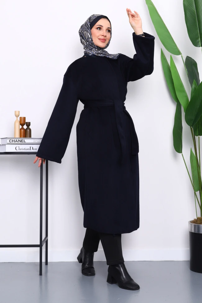 Lacivert Kuşaklı Kaşe Kaban