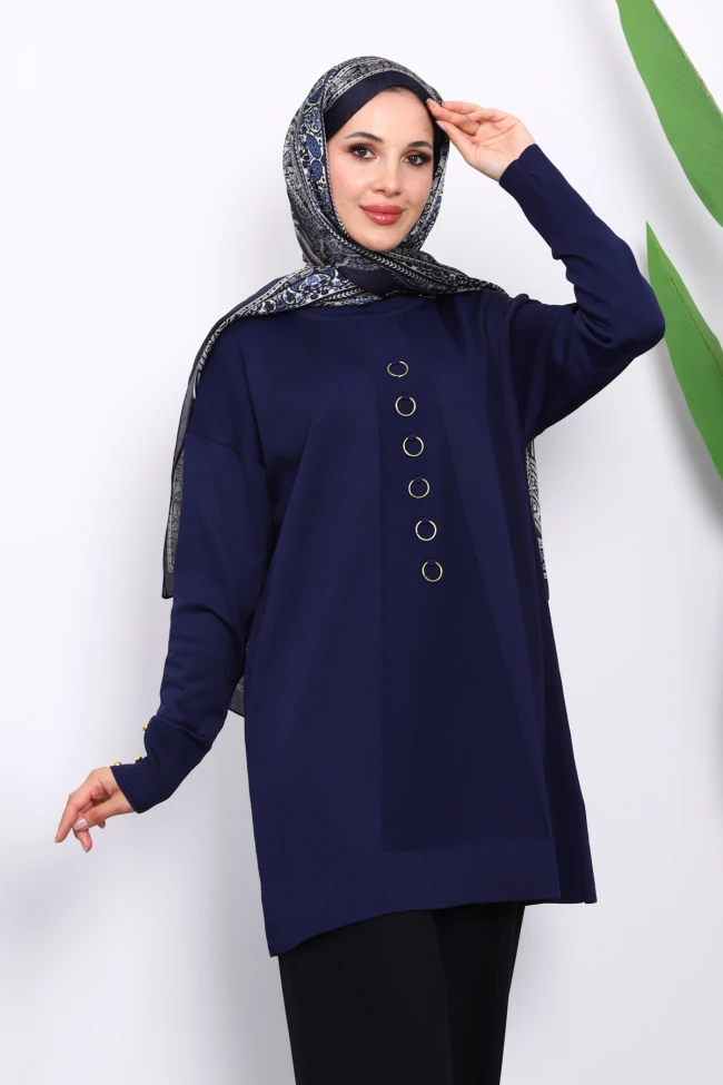 Lacivert Ön Detaylı Soğuk İplik Triko Tunik