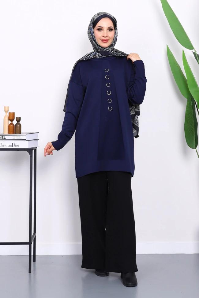 Lacivert Ön Detaylı Soğuk İplik Triko Tunik