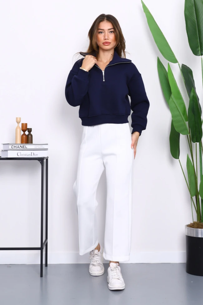 Lacivert Önü Fermuarlı Üç İplik Crop Sweat