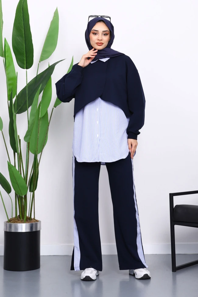 Lacivert Pelerin Görünümlü Gömlek Pantolonlu Modal Takım