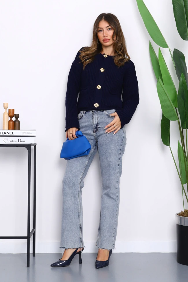 Lacivert Selanik Örgülü Kısa Triko Hırka