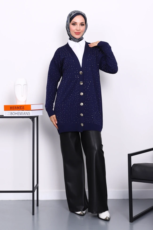 Lacivert Soğuk İplik Taşlı Triko Hırka