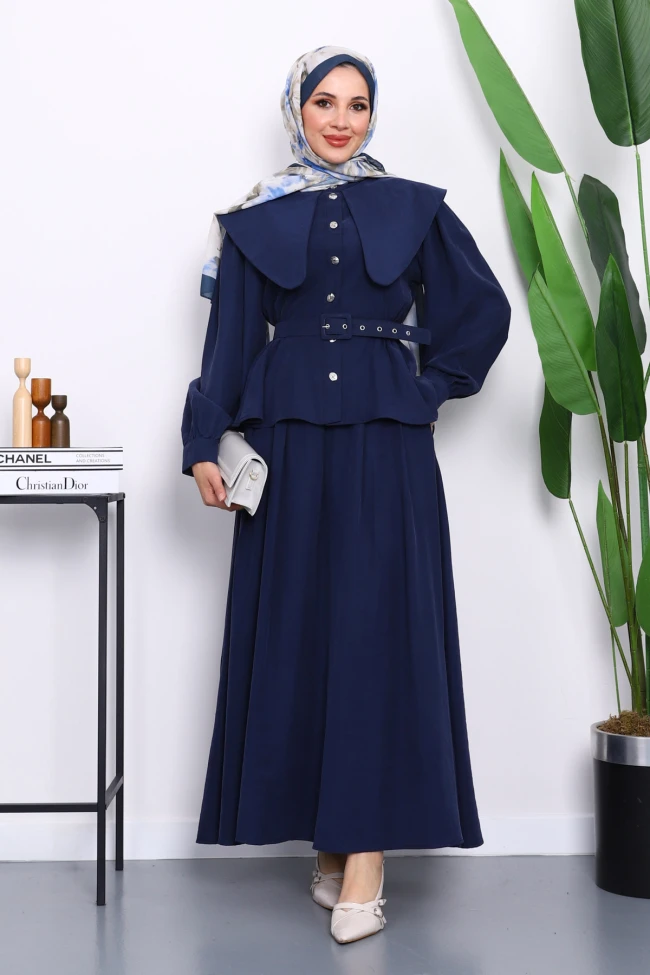 Lacivert Yaka Detaylı Gömlek Etekli Takım