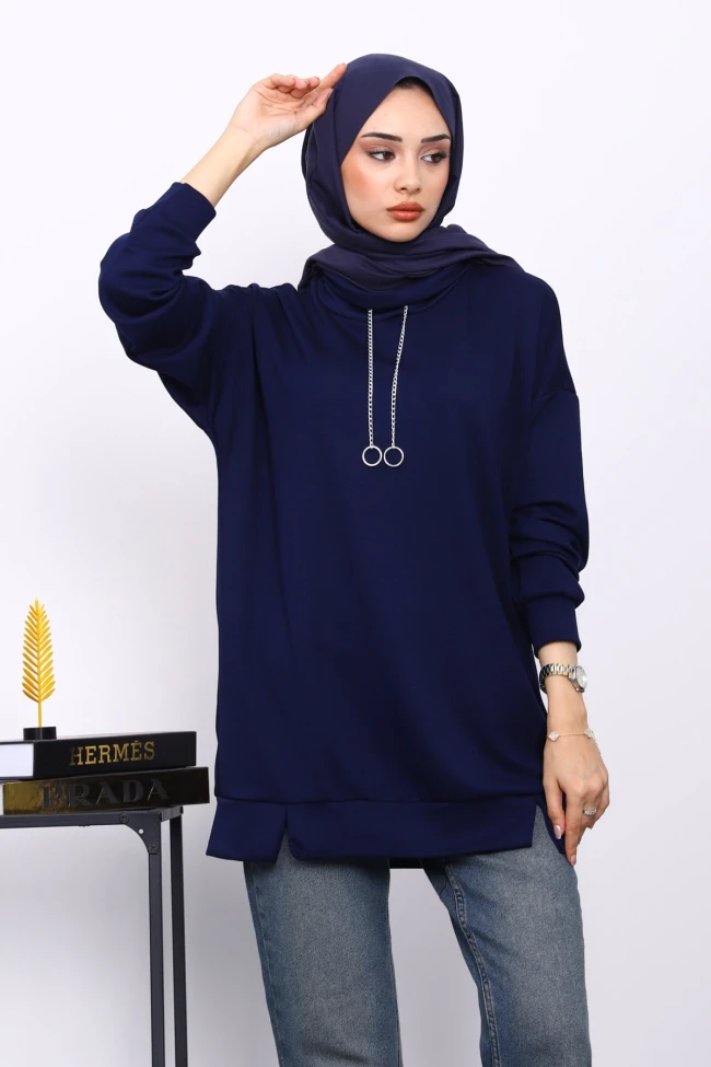 Lacivert Yaka Detaylı Modal Tunik