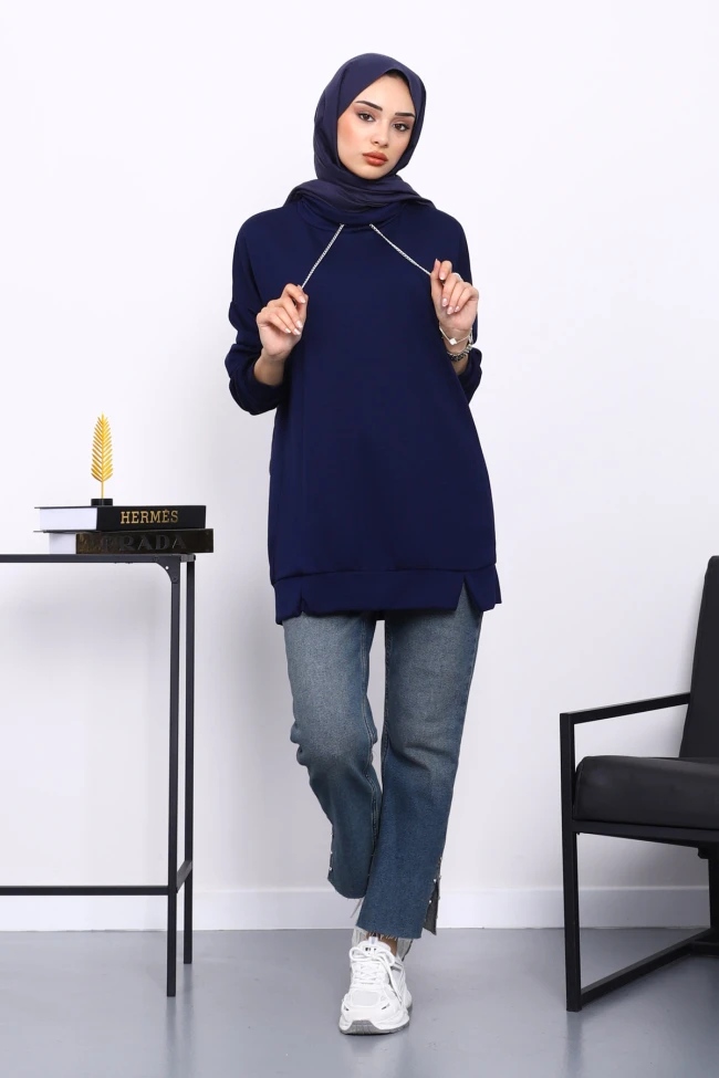 Lacivert Yaka Detaylı Modal Tunik