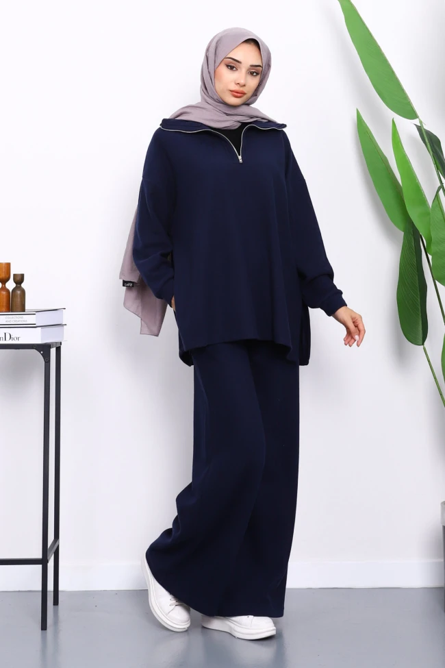Lacivert Yaka Fermuarlı Tunik Pantolonlu Fitilli Takım