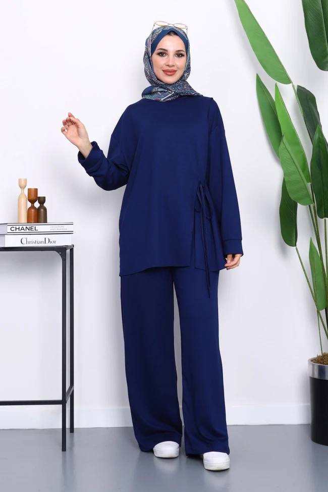 Lacivert Yan Bağlamalı Tunik Pantolonlu Modal Takım
