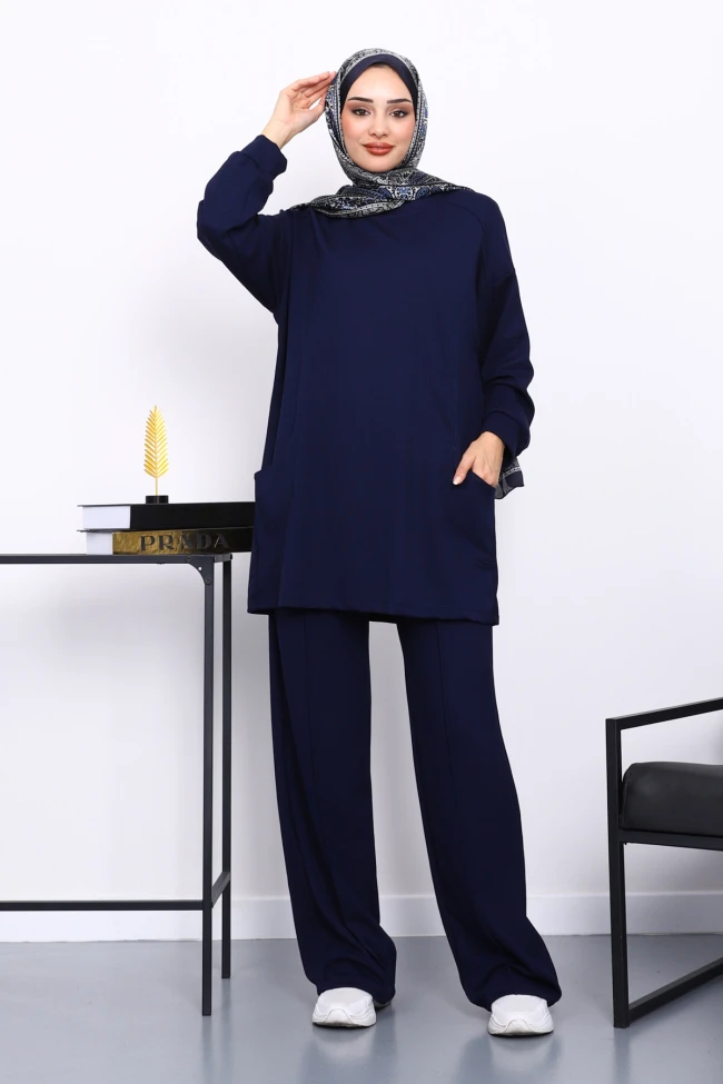 Lacivert Yan Cepli Omuz Parçalı Alt Çımalı Modal Takım