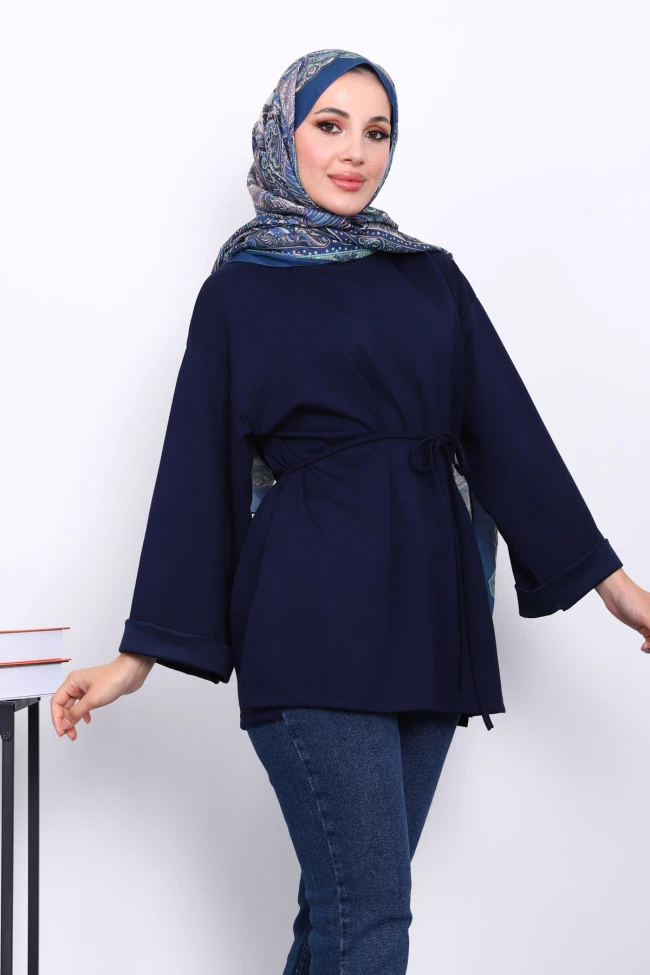 Lacivert Yanları Yırtmaçlı Bel İpli Tunik