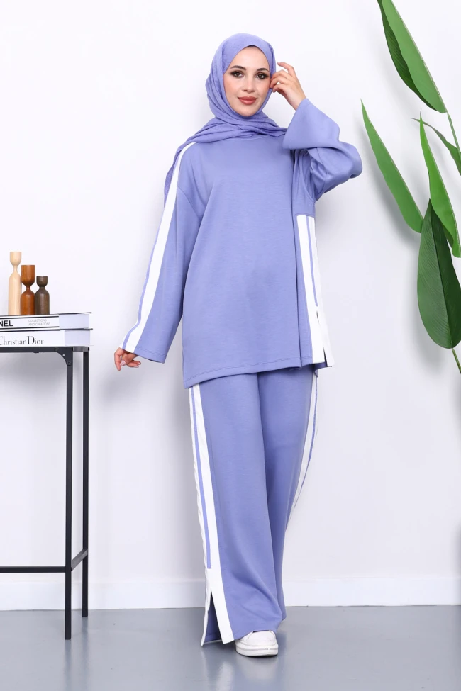 Lila Renk Bloklu Tunik Pantolonlu Takım