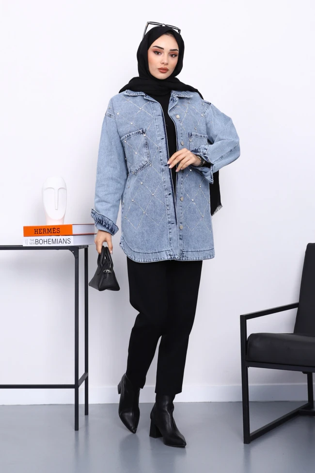 Mavi Taş İşlemeli Kot Ceket