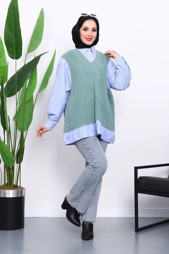 Mint Triko Garnili Gömlek