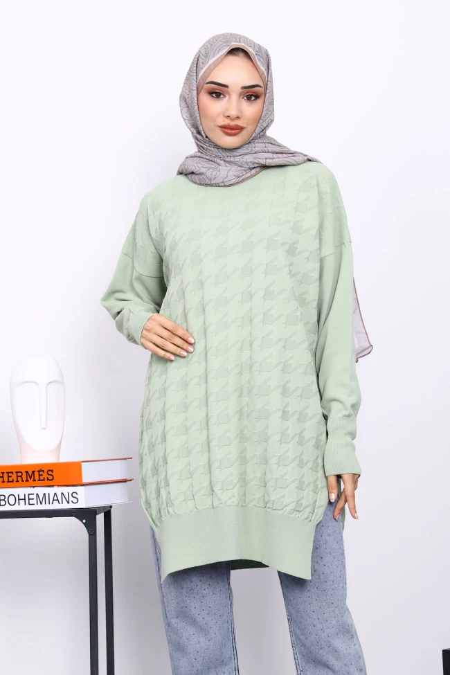 Mint Yeşili Kazayağı Desenli Soğuk İplik Triko Tunik