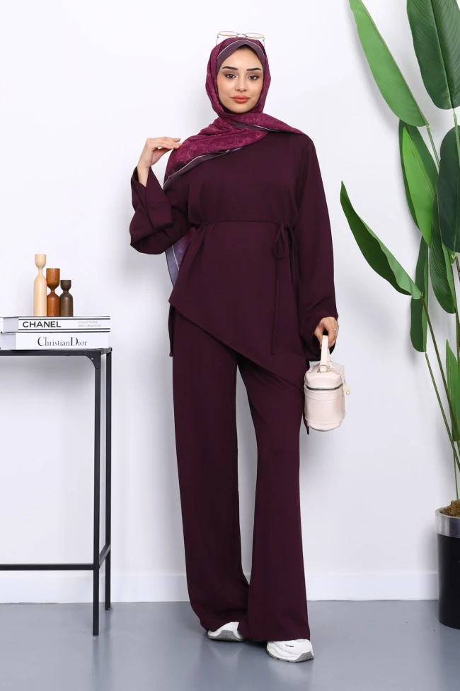 Mürdüm Asimetrik Kesim Tunik Pantolonlu Takım