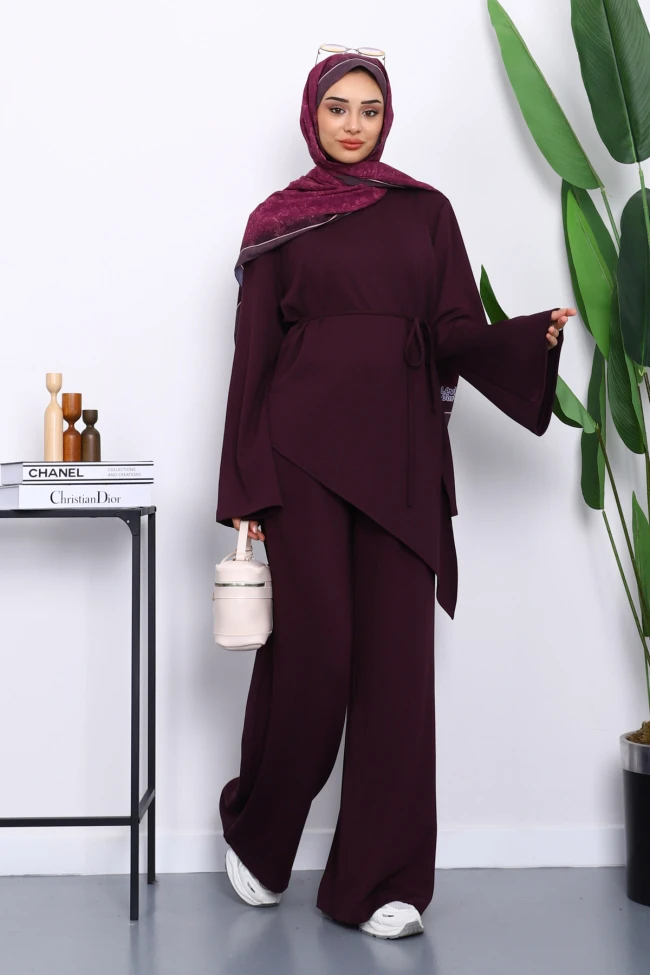 Mürdüm Asimetrik Kesim Tunik Pantolonlu Takım