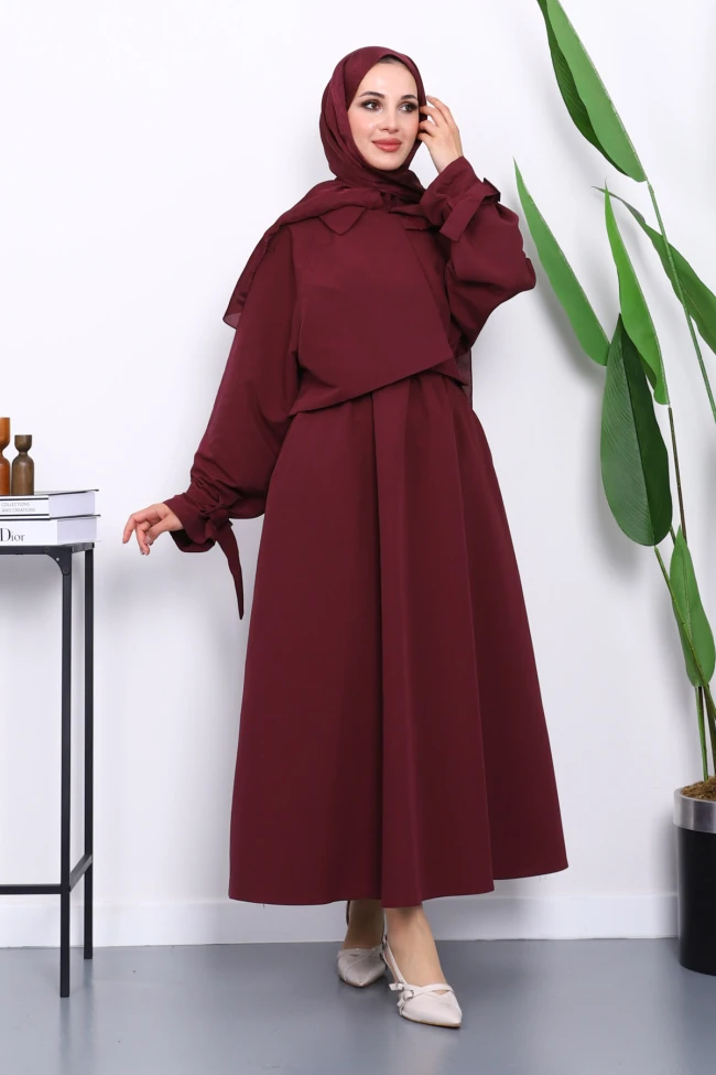 Mürdüm Bel Lastikli Kemerli Trenç Elbise