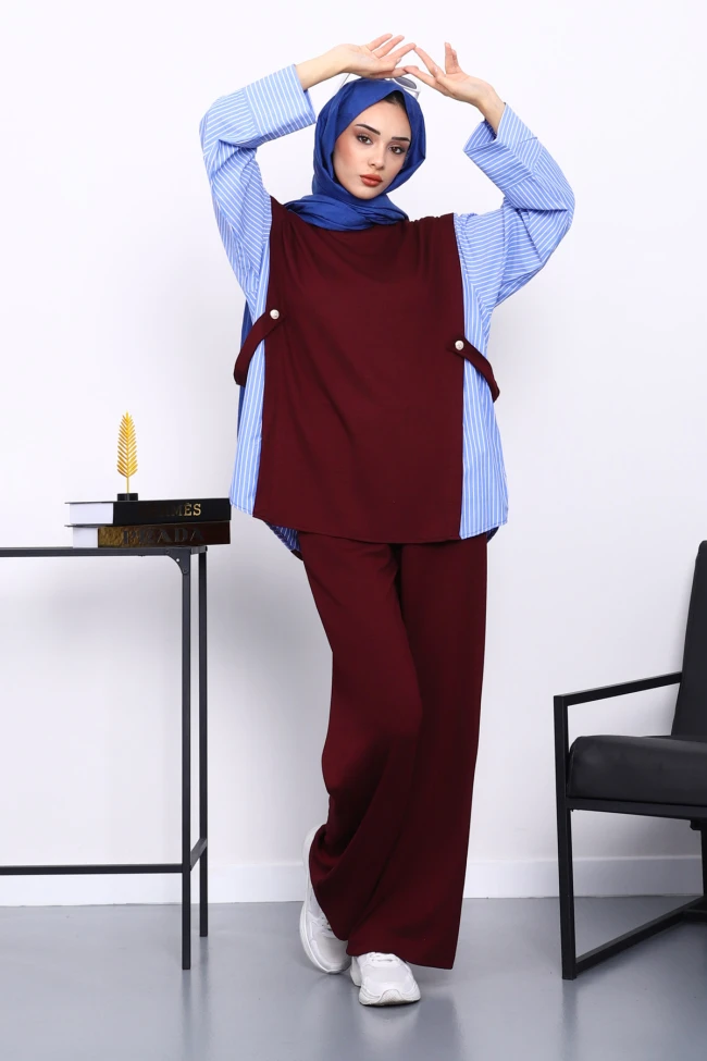 Mürdüm Garnili Tunik Pantolonlu Modal Takım