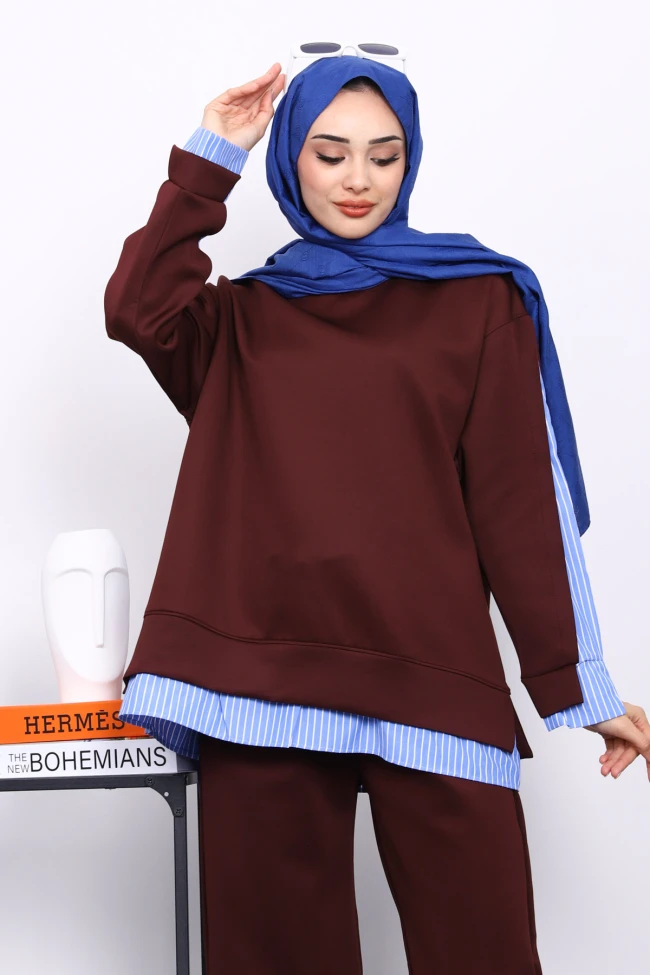 Mürdüm Gömlek Garnili Scuba Sweat Pantolonlu