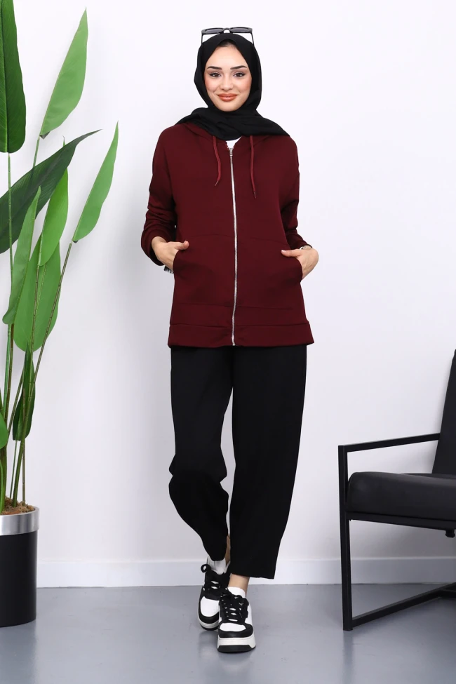 Mürdüm Kapşonlu Fermuarlı Modal Sweat Hırka