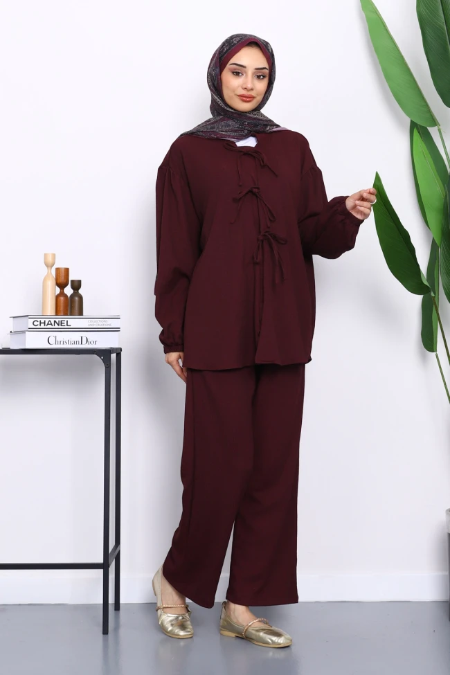 Mürdüm Ön Bağlamalı Bürümcük Kimono Pantolonlu Takım