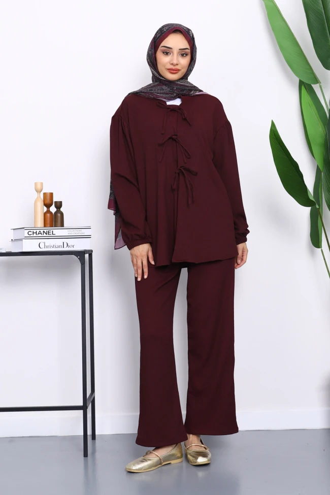 Mürdüm Ön Bağlamalı Bürümcük Kimono Pantolonlu Takım