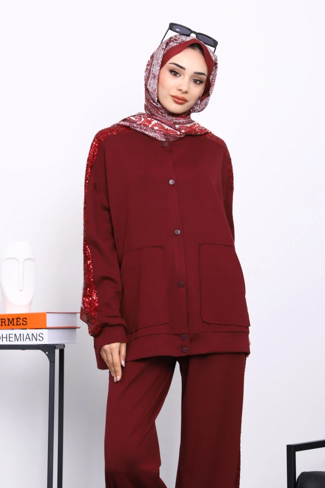 Mürdüm Pul Payetli Tunik Pantolonlu Takım