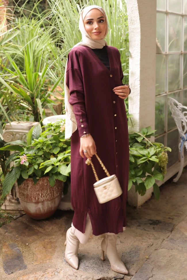 Mürdüm Soğuk İplik Triko Hırka