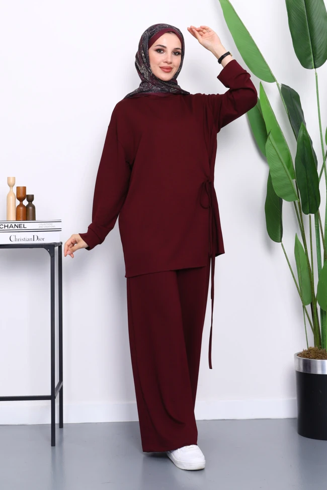 Mürdüm Yan Bağlamalı Tunik Pantolonlu Modal Takım
