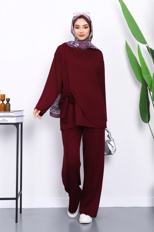 Mürdüm Yandan Kuşak Bağlamalı Pantolonlu Takım