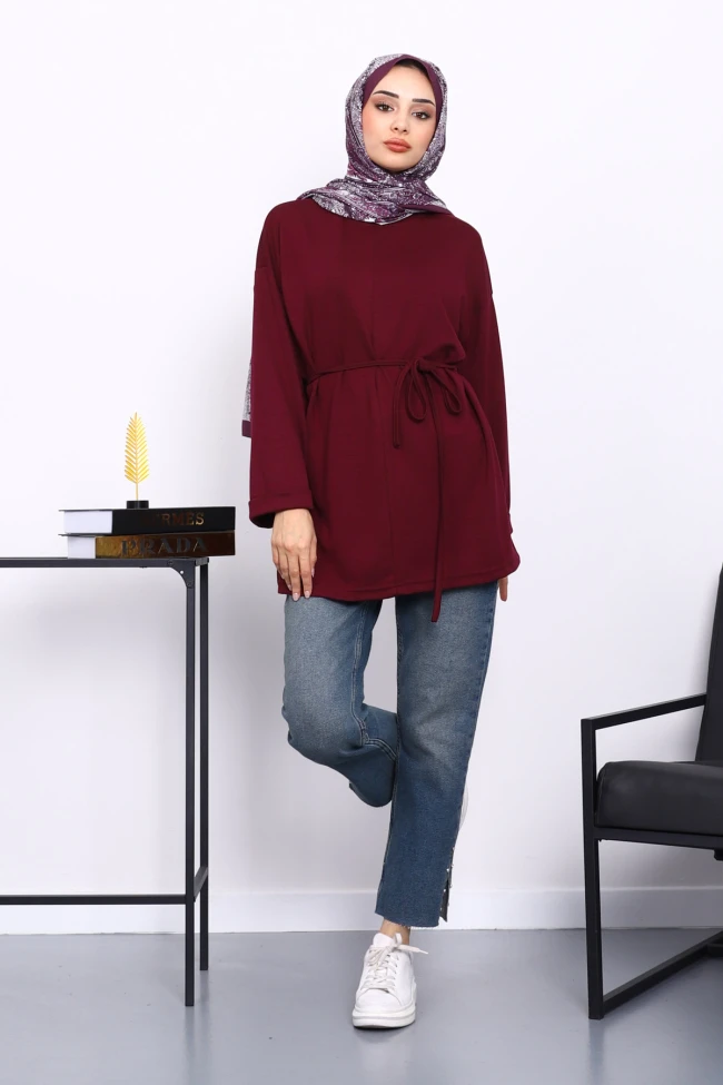 Mürdüm Yanları Yırtmaçlı Bel İpli Tunik