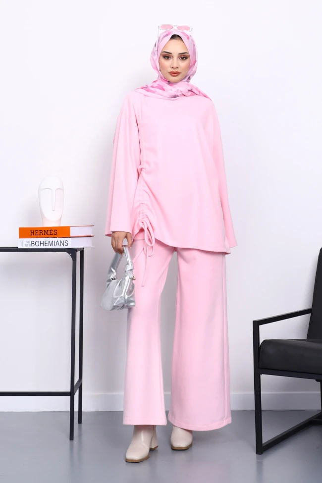 Pembe Büzgü Detaylı Fitilli Tunik Pantolonlu Takım