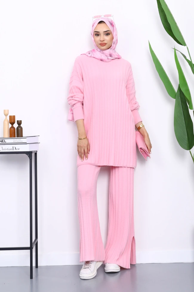 Pembe Fitilli Yumoş Tunik Pantolonlu Takım