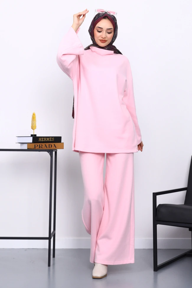 Pembe Kol Düğme Detaylı Tunik Pantolonlu Takım